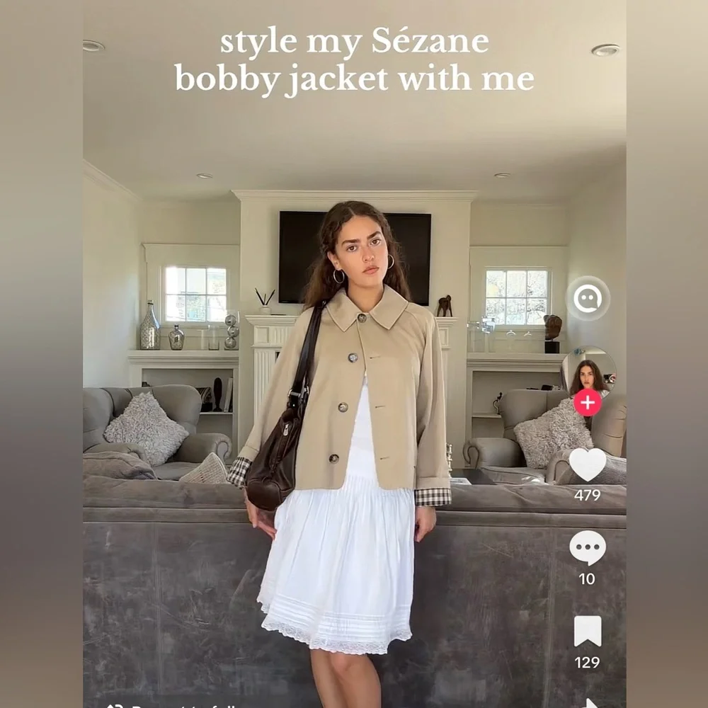 Sezane Bobby Jacket, Light Beige & Gingham, Oversized Cropped Trench, NWT Size 2 - Picture 11 of 16